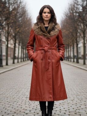 Vintage Red Leather Trench Coat with Fur Collar - BAGATELLE brand. Small